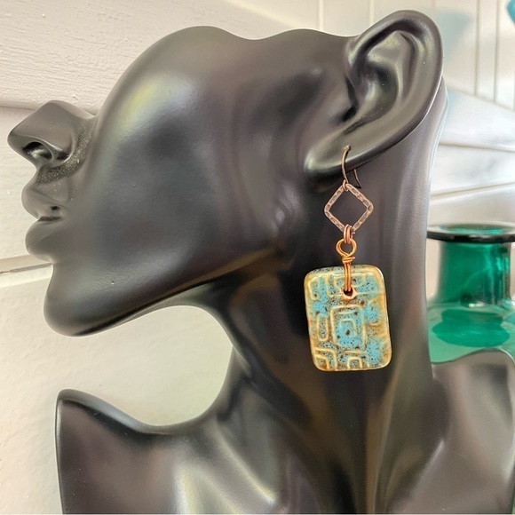 Whimsical Turtle Jewelry - 🔥HOT LOOK 🐢 Blue Green Ceramic & Copper Statement Earrings 2.5” Handmade Geo